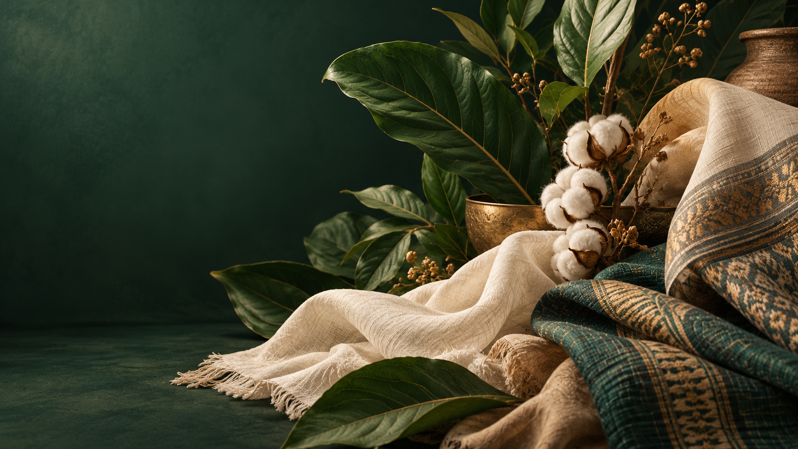 Indian textiles, cotton fibres and botanical leaves arranged in a cinematic still life
